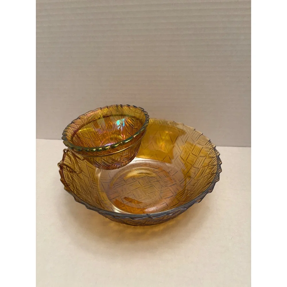 Indiana Glass Amber Tiara Sandwich Carnival Glass Chip and Dip Set 2 Piece‎
